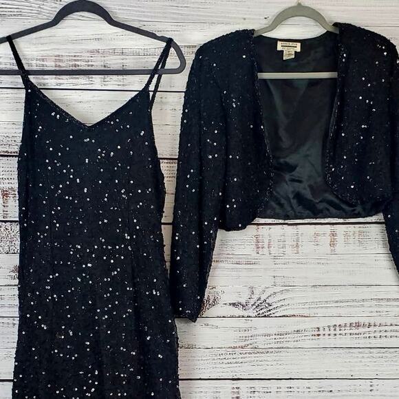 Vintage Formal Silk Black Sequin Beaded Dress Glam Event Gown Bolero Jacket Sz M - Picture 7 of 16